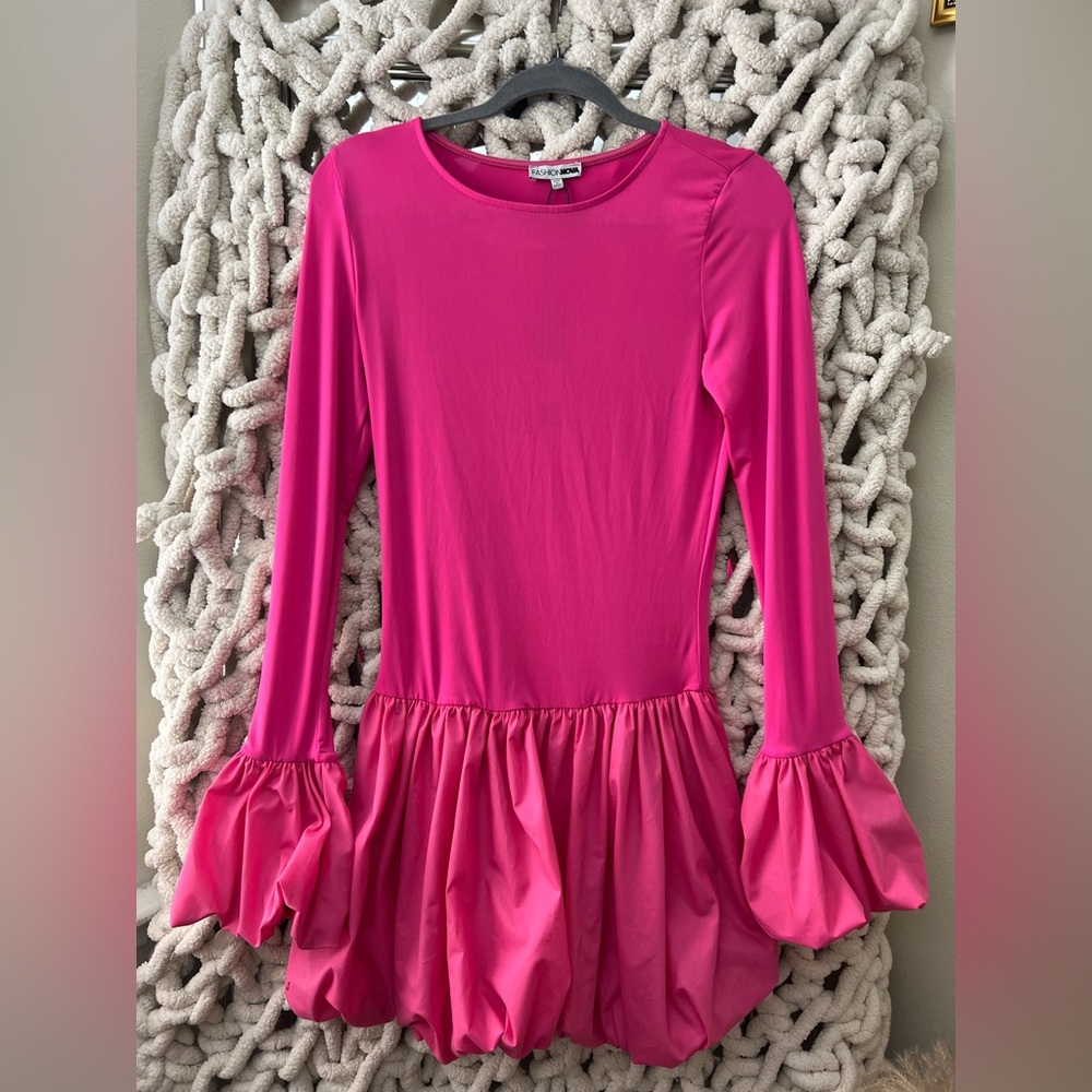 Fashion Nova Hot Pink Long Sleeve Ruffle Mini Dress - Picture 2 of 4
